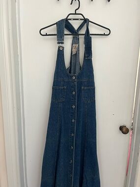 Vintage Denim Overall Dress - Dark Blue